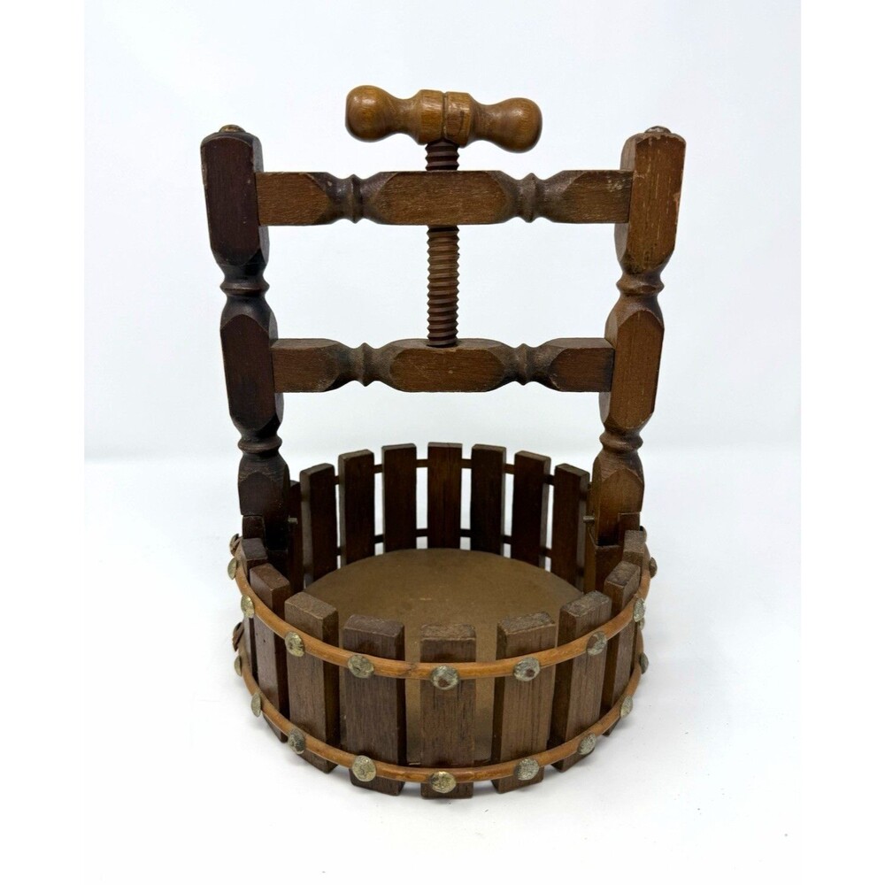 Vintage Wooden & Metal Manual Screw Press Nutcracker with Slatted Basket